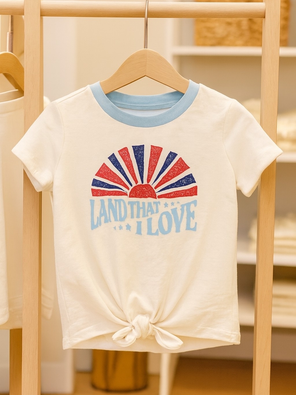 wonder nation Cream Tee with Light Blue Trim and Red & Navy Sunburst